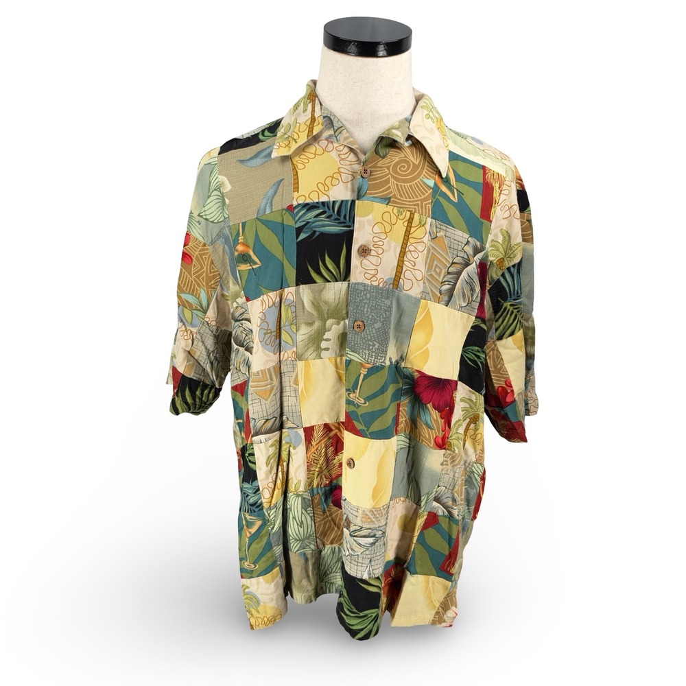 Banana Cabana Mens XL Patchwork Silk Hawaiian Shirt Tropical Floral Multicolor